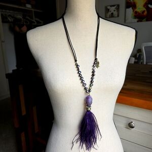 NWT Chico's Amethyst Crystal Purple Feather‎ Pendant Adjustable Necklace